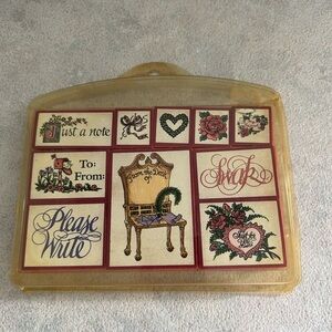 Floral Script Note Card and Stamp Set - Cream, Red, Green